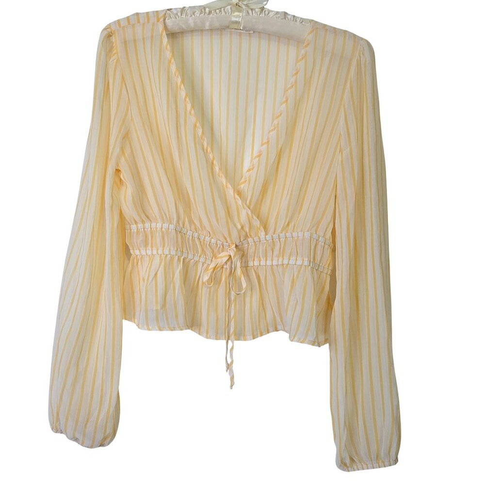 Cottagecore Timing Yellow White Striped Wrap Peplum Blouse – Size L